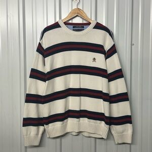 Vintage Men’s XL Tommy Hilfiger Cream Navy Red Stripe Sweater Casual Preppy